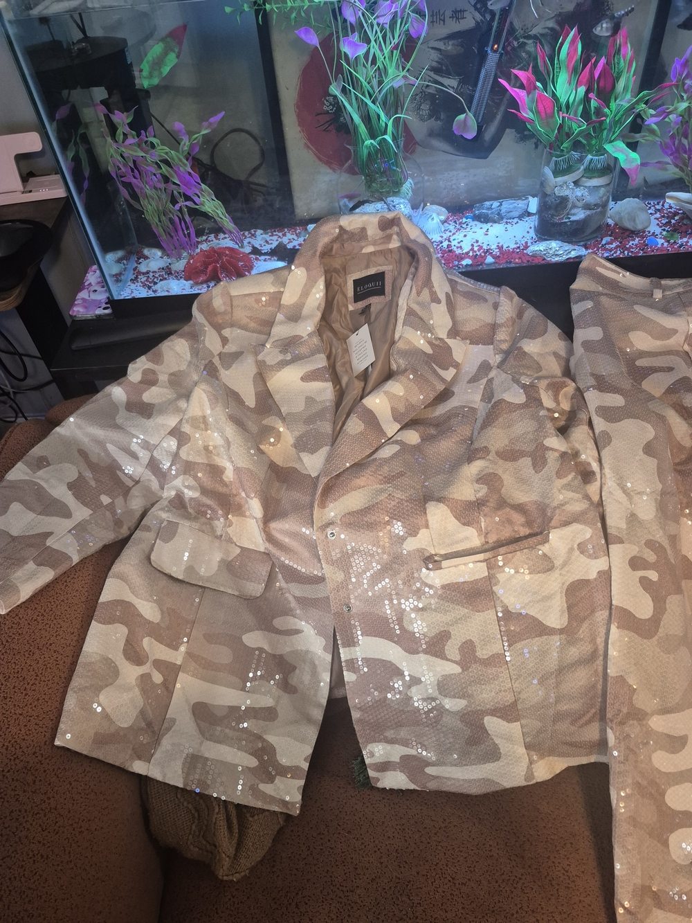Sequin Camo Blazer Jacket in Beige - Lulu's